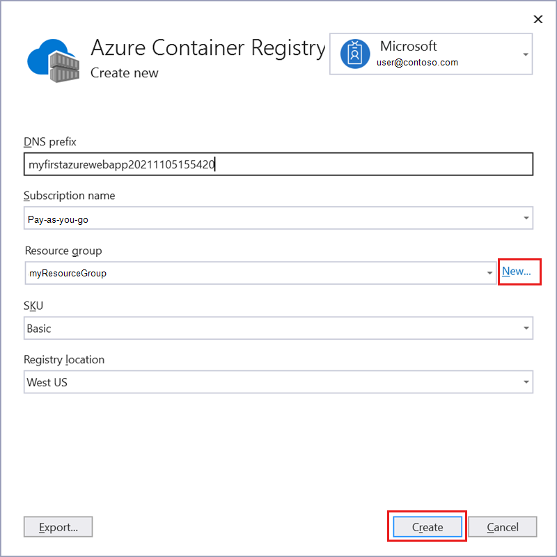 Azure Container Registry の詳細のスクリーンショット。